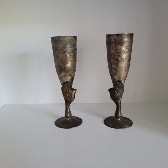 Vintage Heavy Plated Silver Egyptian Revival Bird Toasting Goblets - set of two - Picture 7 of 12